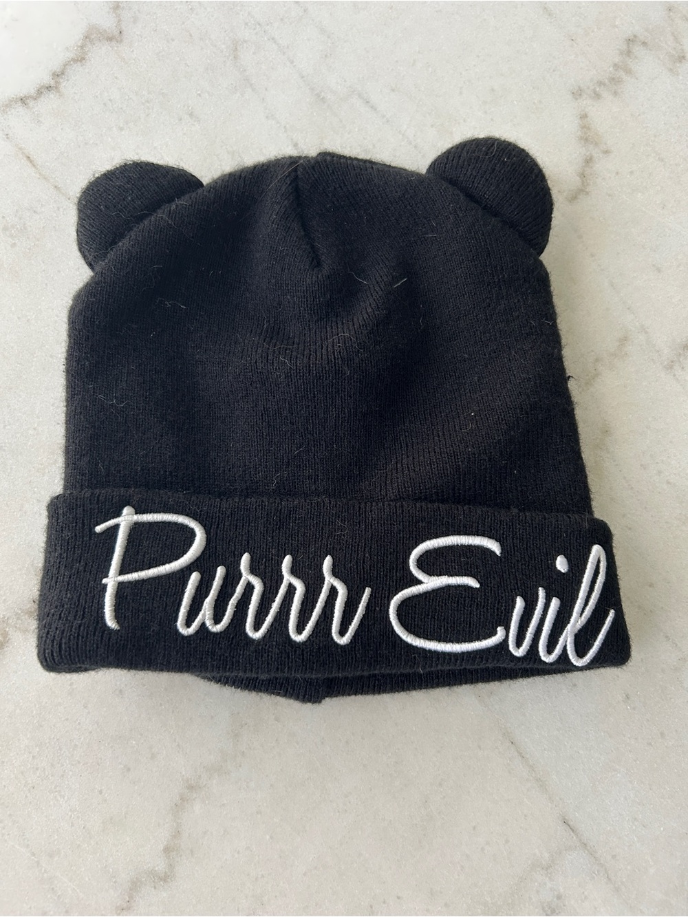 Kids Black 'Purrr Evil' Beanie Hat with Ears